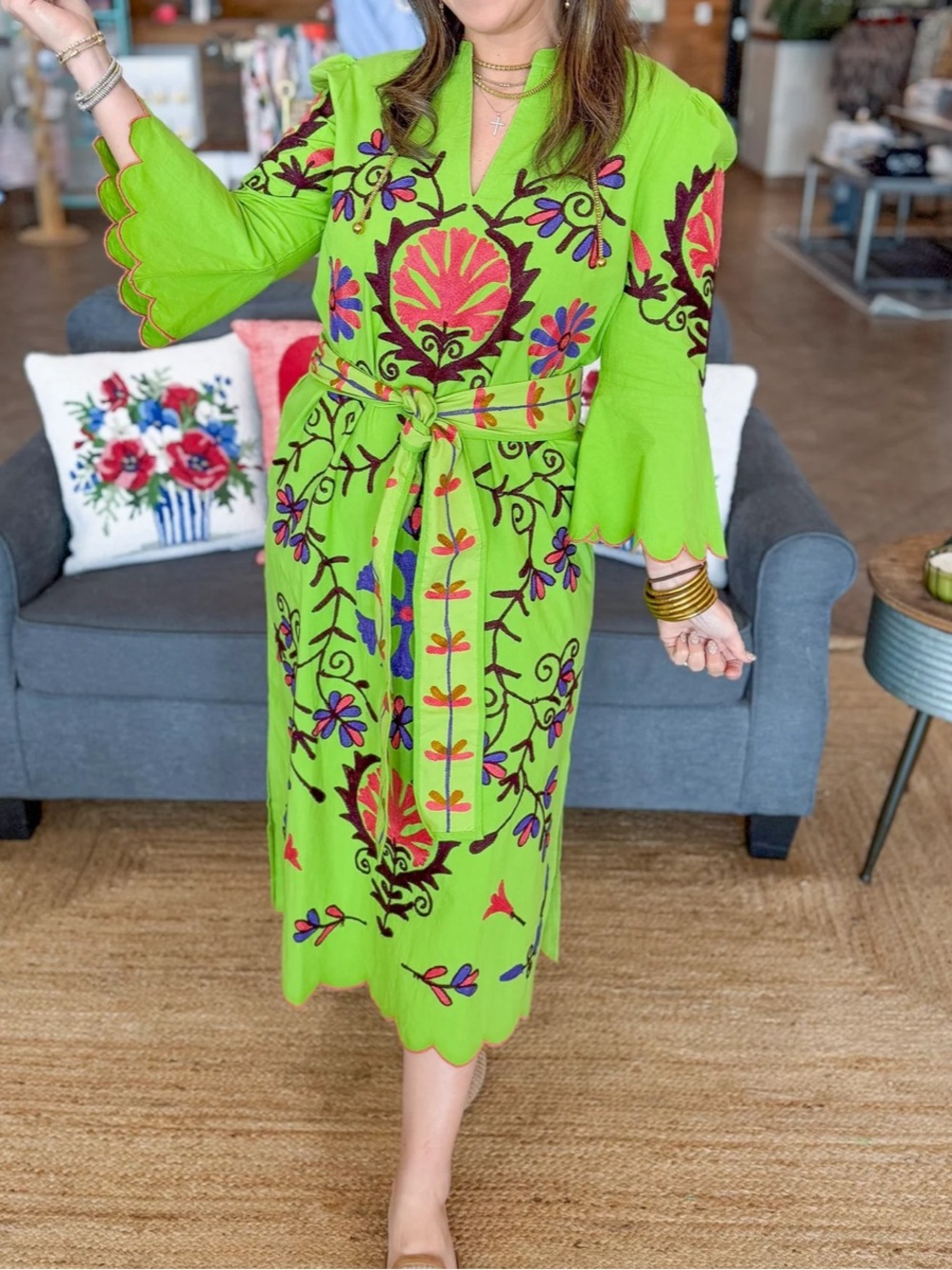 Heart of Grace Green Embroidered Floral Tie-Waist Midi Dress
